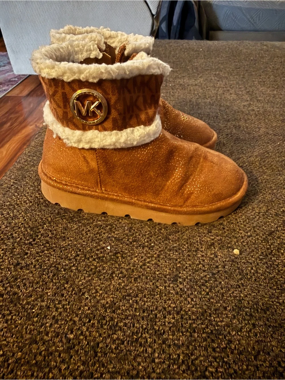 Michael Kors Girls Tan Faux-Shearling Boots with Glitter